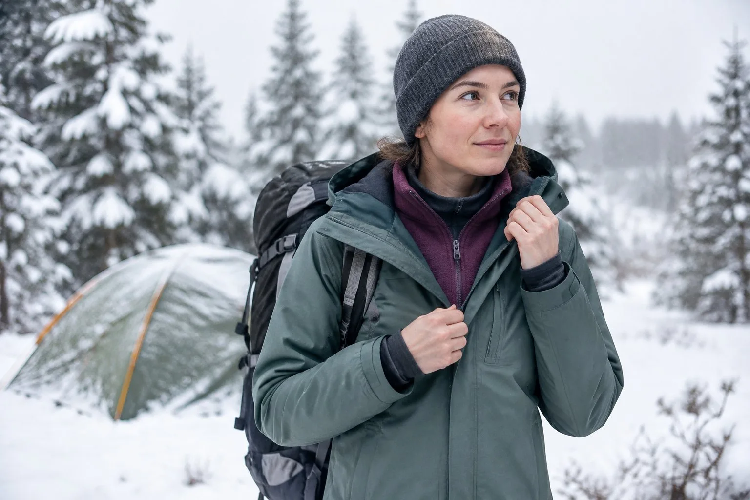 A camper adjusts a weather-resistant jacket at a snowy campsite.