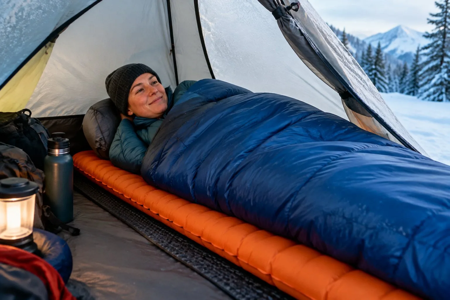 A camper rests on an insulated sleeping pad inside a tent surrounded by snow.