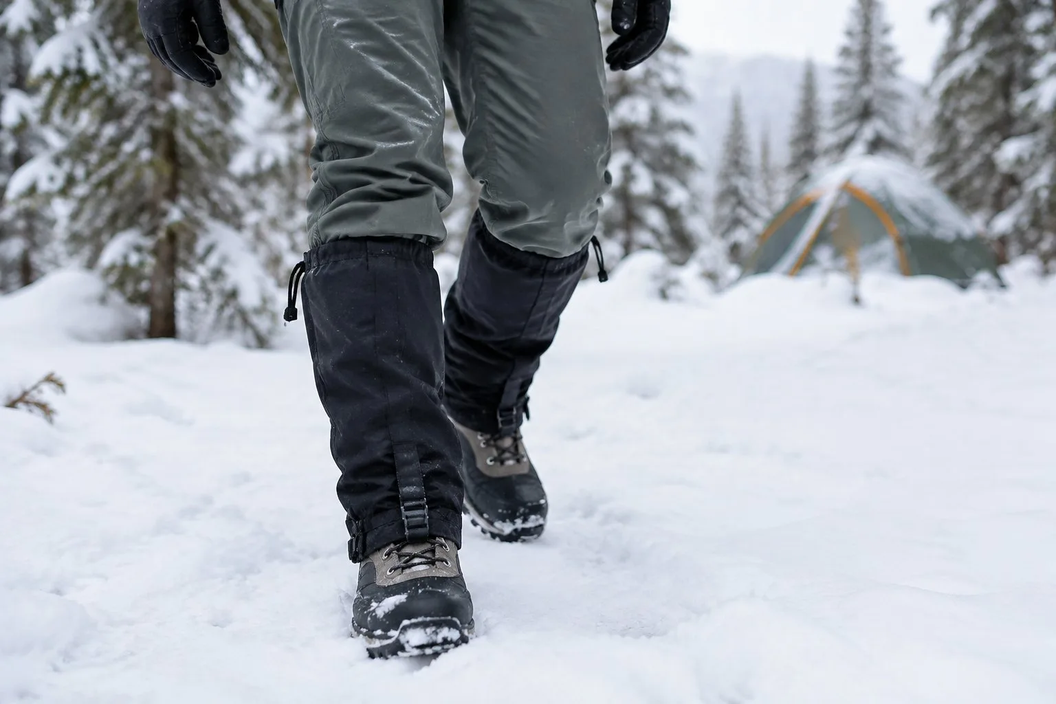 A camper wearing gaiters and waterproof boots walks through snow.