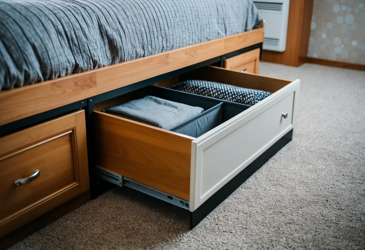 A drawer slides out from under a bed, revealing neatly organized RV closet storage