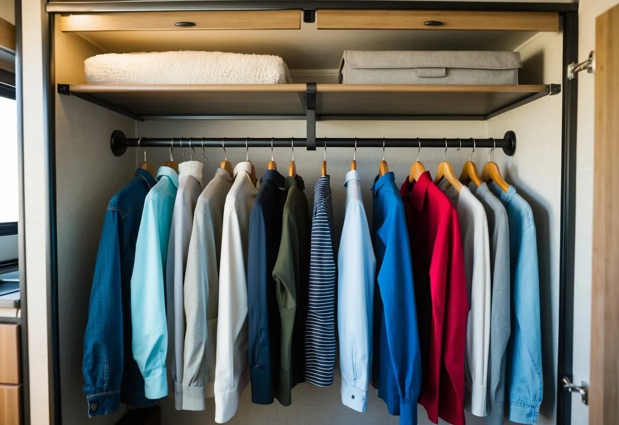 A closet with an expandable rod holding various clothing items, neatly organized with storage solutions for an RV