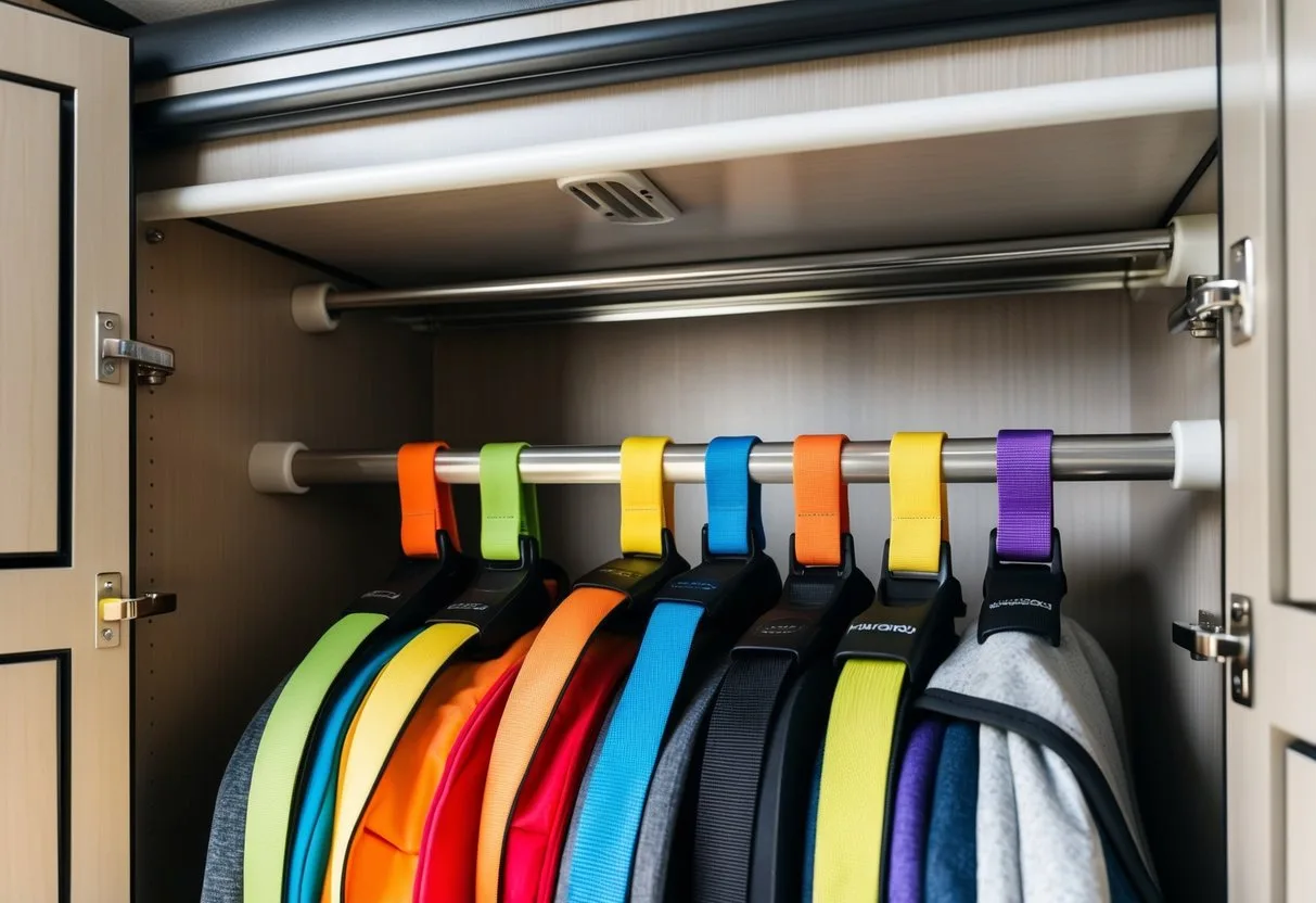Velcro strap organizers neatly hold and arrange items in an RV closet, maximizing storage space and keeping belongings secure