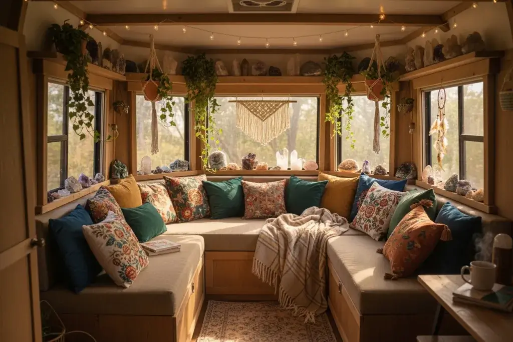 Cozy camper interior with crystals and quartz stones, colorful cushions, plants, and warm natural light creating a peaceful atmosphere.