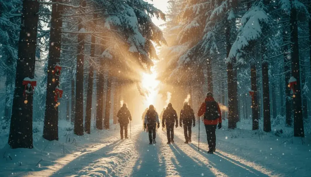 A group of hikers walking on a snowy forest trail in the early morning light with pine trees covered in snow and subtle holiday decorations.