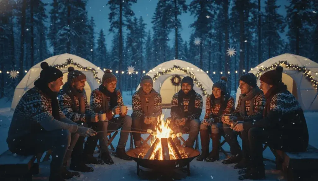 A group of people wearing colorful holiday sweaters and warm layers gathered around a campfire in a snowy forest with tents and holiday decorations nearby.