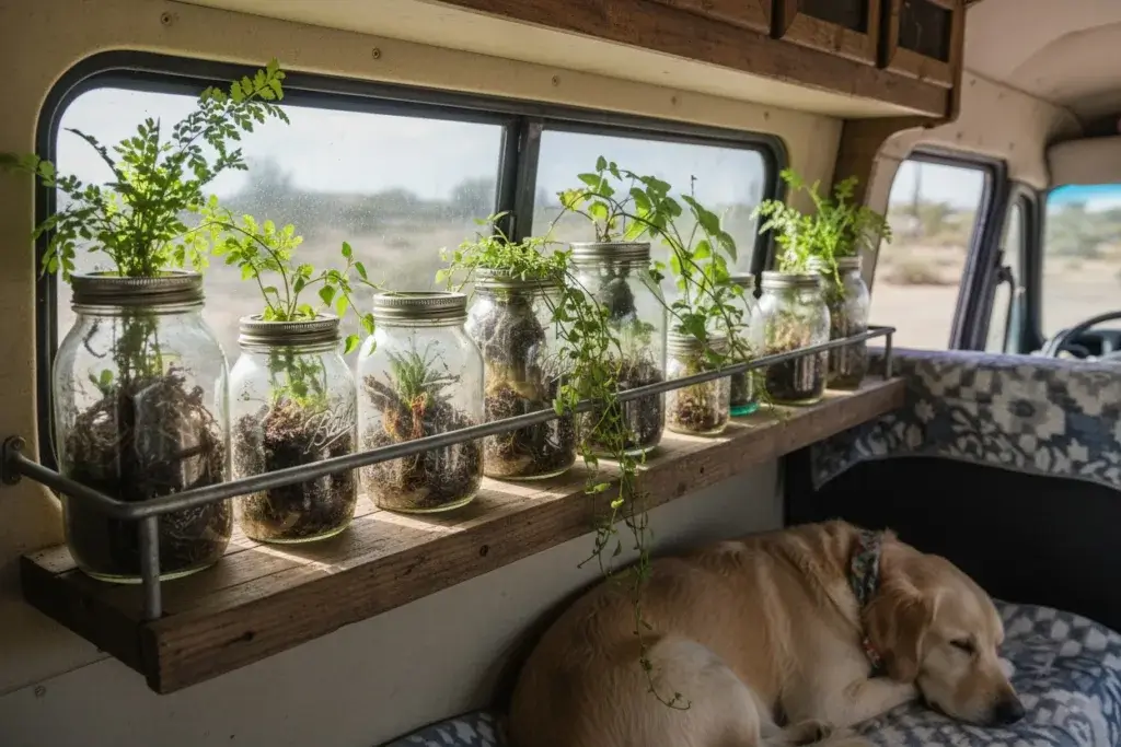 A collection of old glass jars used as plant holders with green plants inside, arranged on a wooden surface inside a camper van.