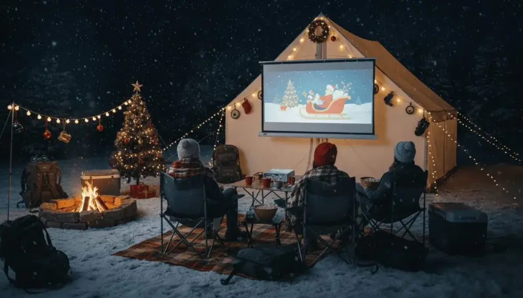 People enjoying a Christmas movie projected outdoors on a tent wall, surrounded by camping gear, a campfire, and festive decorations at night.
