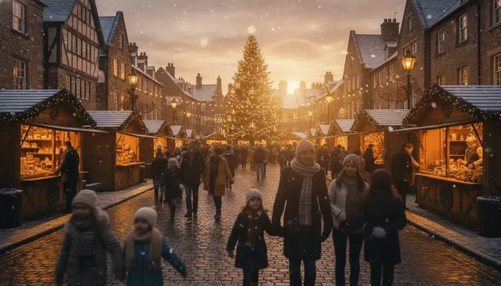 A bustling Christmas market in a small town square with decorated stalls, people enjoying festive activities, and a large Christmas tree surrounded by snow-dusted buildings.