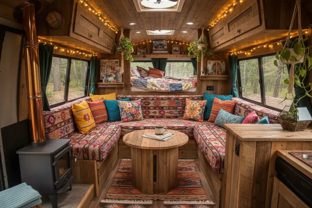 Interior of a camper with custom reclaimed wood furniture, colorful textiles, plants, and cozy decorations.