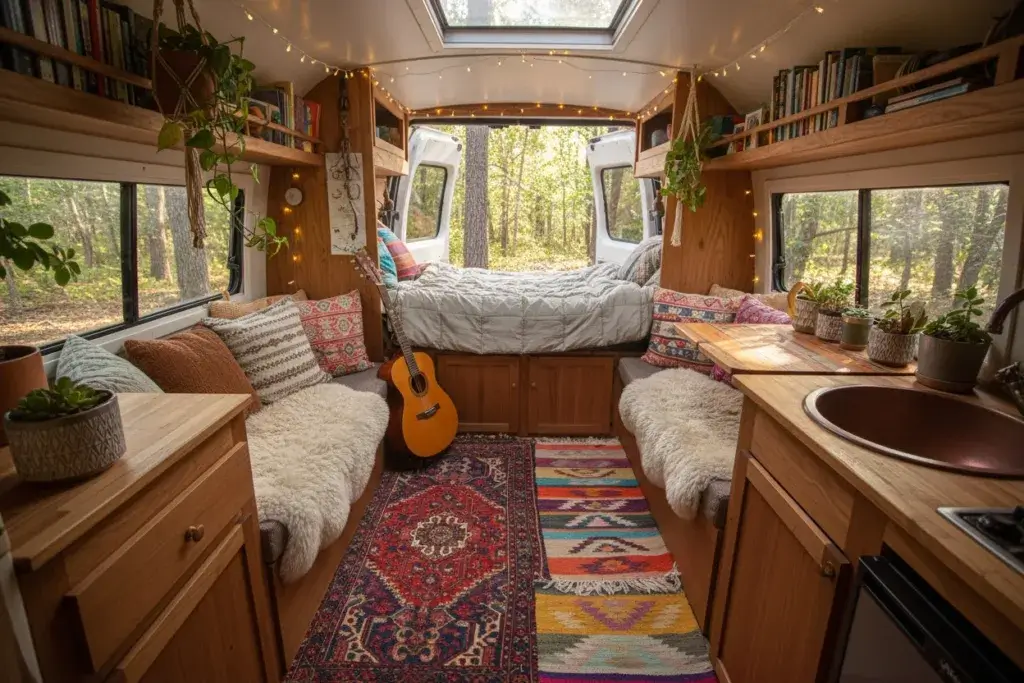 Interior of a camper van with multiple colorful layered rugs on the floor, wooden furniture, cushions, and plants.