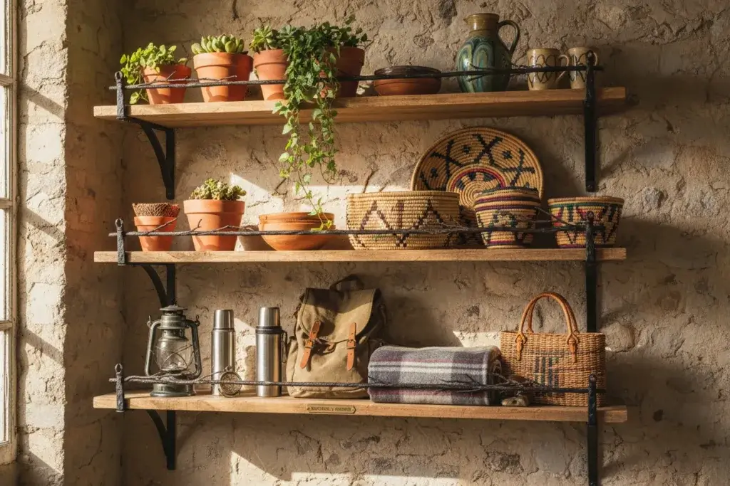 Open wooden shelves displaying various collected souvenirs such as plants, pottery, woven baskets, and vintage camping items.