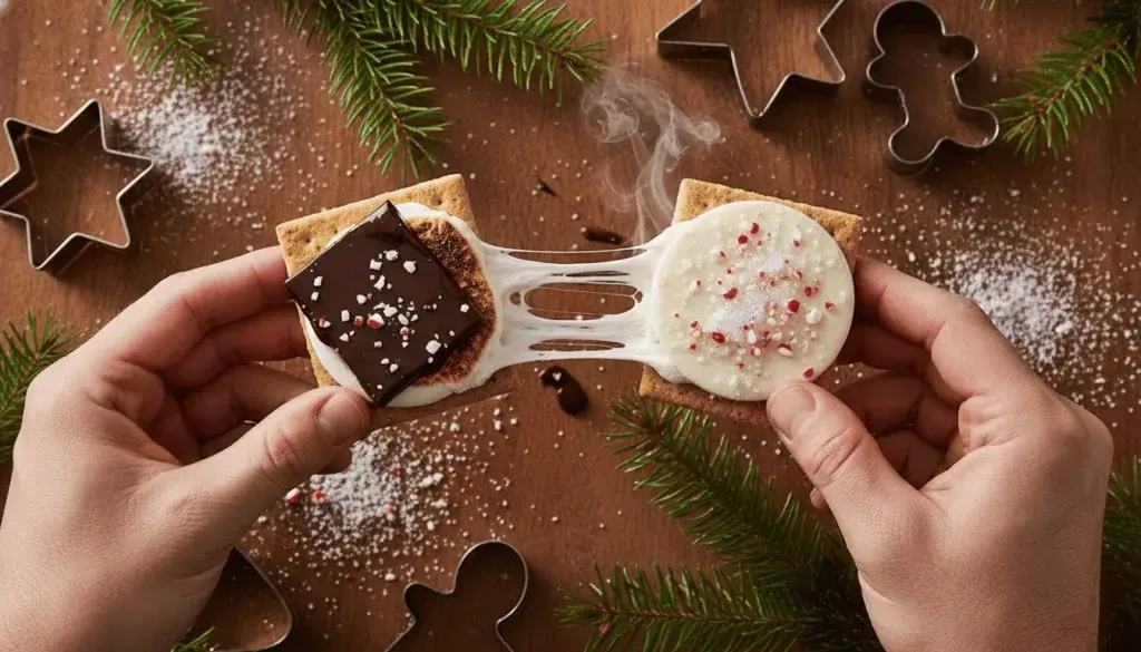 Hands roasting marshmallows over a campfire with Christmas-themed s’mores ingredients on a wooden table surrounded by snow-dusted pine trees and festive lights.