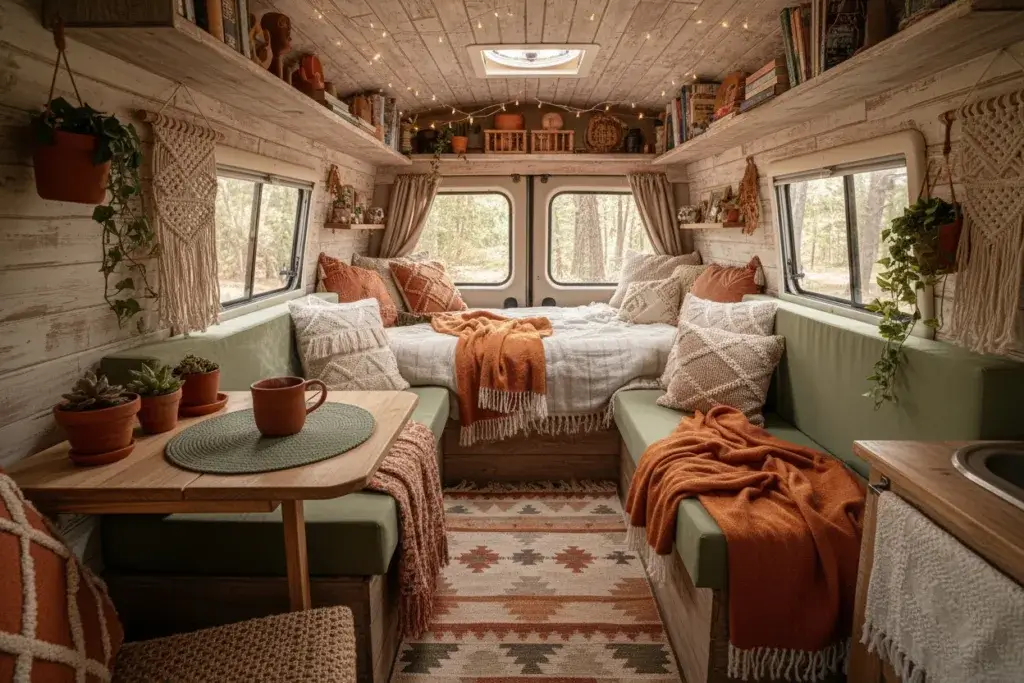 Campervan interior with boho decorations, teracotta and sage green decor with warm lighitng.