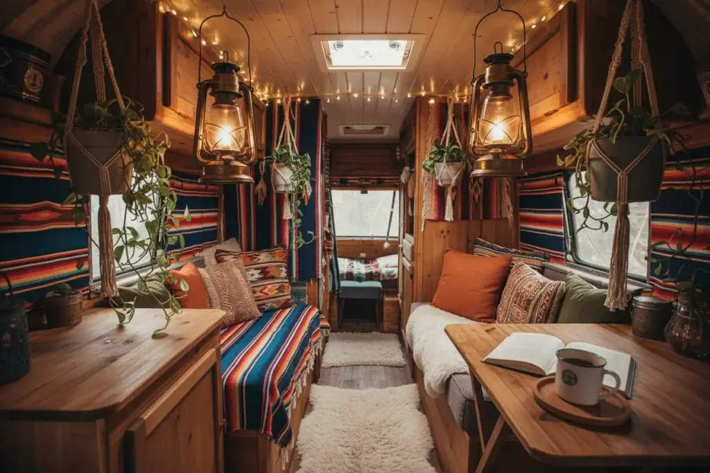 Interior of a camper decorated with vintage lanterns, colorful textiles, plants, and wooden accents creating a warm and inviting atmosphere.