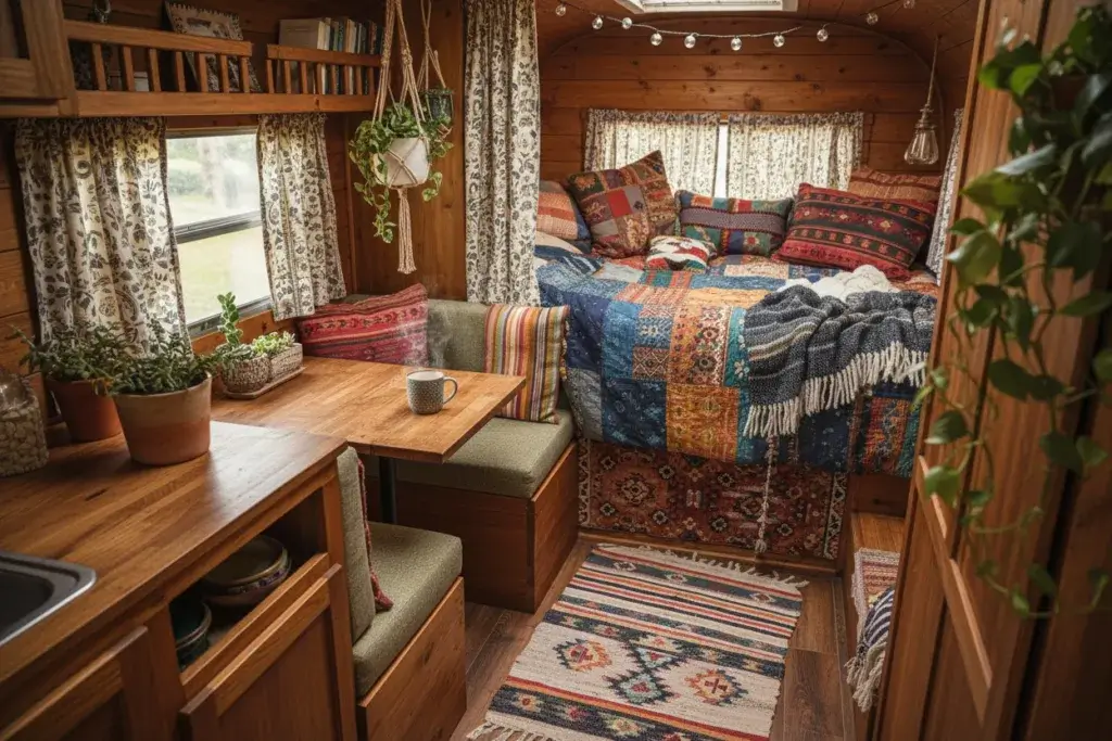 Cozy camper interior with layered colorful textiles, wooden furniture, and potted plants.