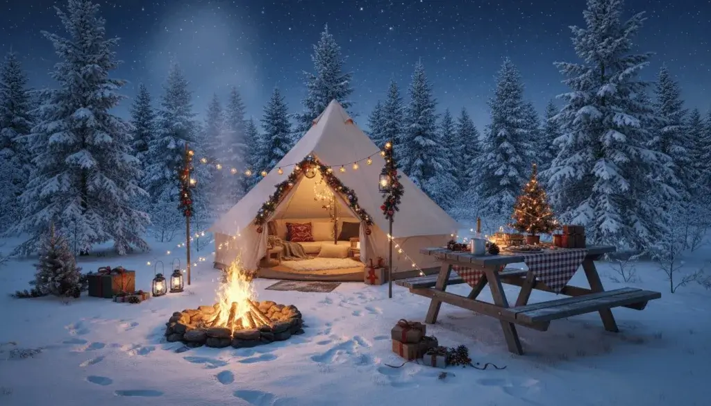 A snowy forest campsite with tents decorated for Christmas, people around a campfire enjoying hot drinks and roasting marshmallows, surrounded by pine trees with holiday decorations.