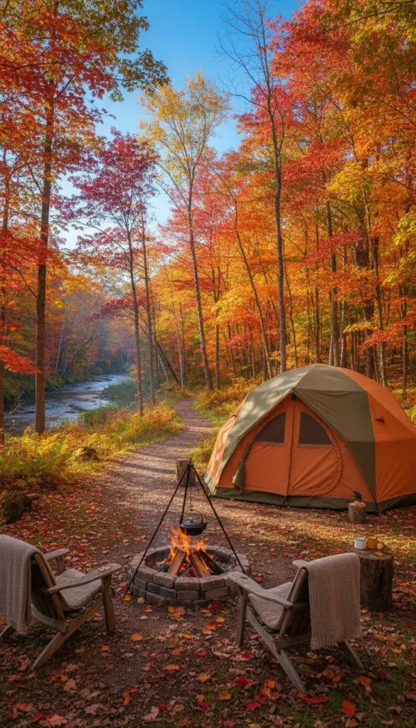 A cozy campground with a tent, fire pit, and hiking trails surrounded by colorful autumn trees under a clear sky.