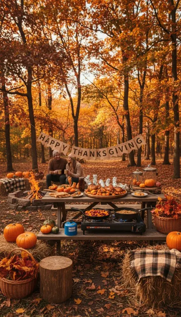 A campsite with a portable stove cooking simple Thanksgiving dishes on a picnic table surrounded by autumn trees and fall decorations.