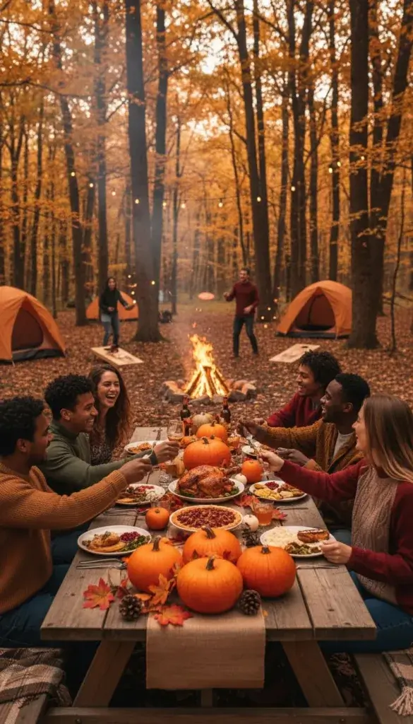 A group of people camping in a forest clearing, gathered around a campfire and picnic table decorated with pumpkins and fall leaves, enjoying a Thanksgiving meal and outdoor activities.