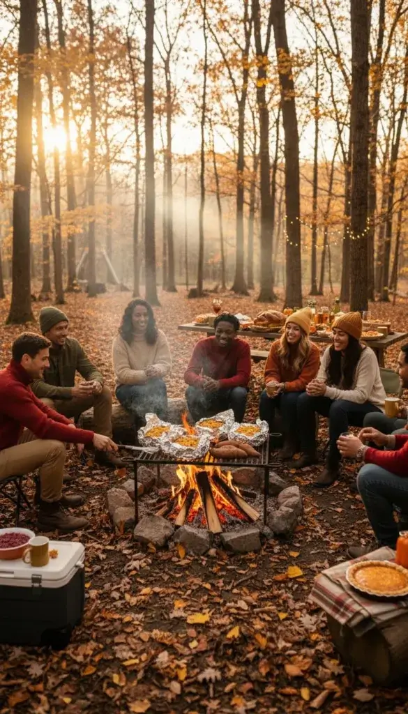 People gathered around a campfire cooking foil packet stuffing and sweet potatoes in a forest clearing during Thanksgiving.