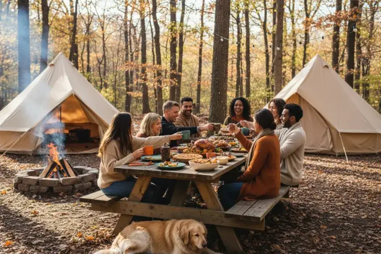 People enjoying a Thanksgiving meal outdoors at a picnic table in a forest with tents and a campfire nearby.