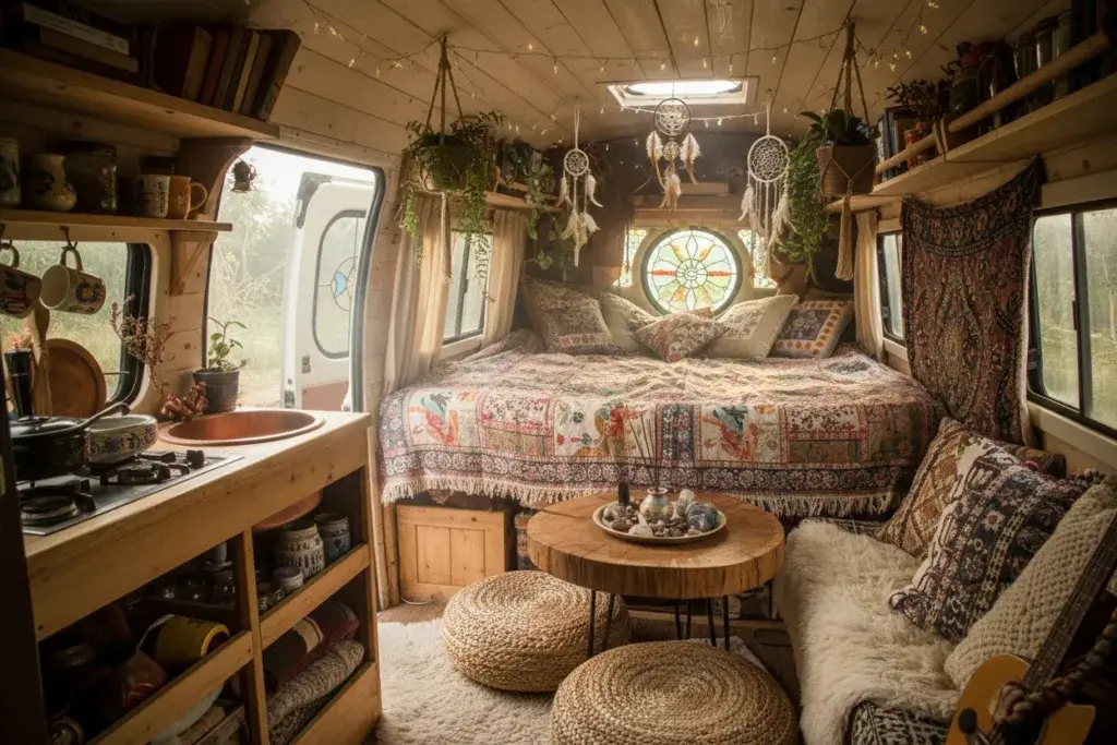 Interior of a camper with one wall painted in a warm color, decorated with colorful cushions, plants, and cozy furnishings.