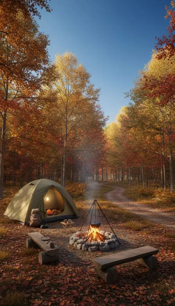 Autumn camping scent with a tent and a campfire.