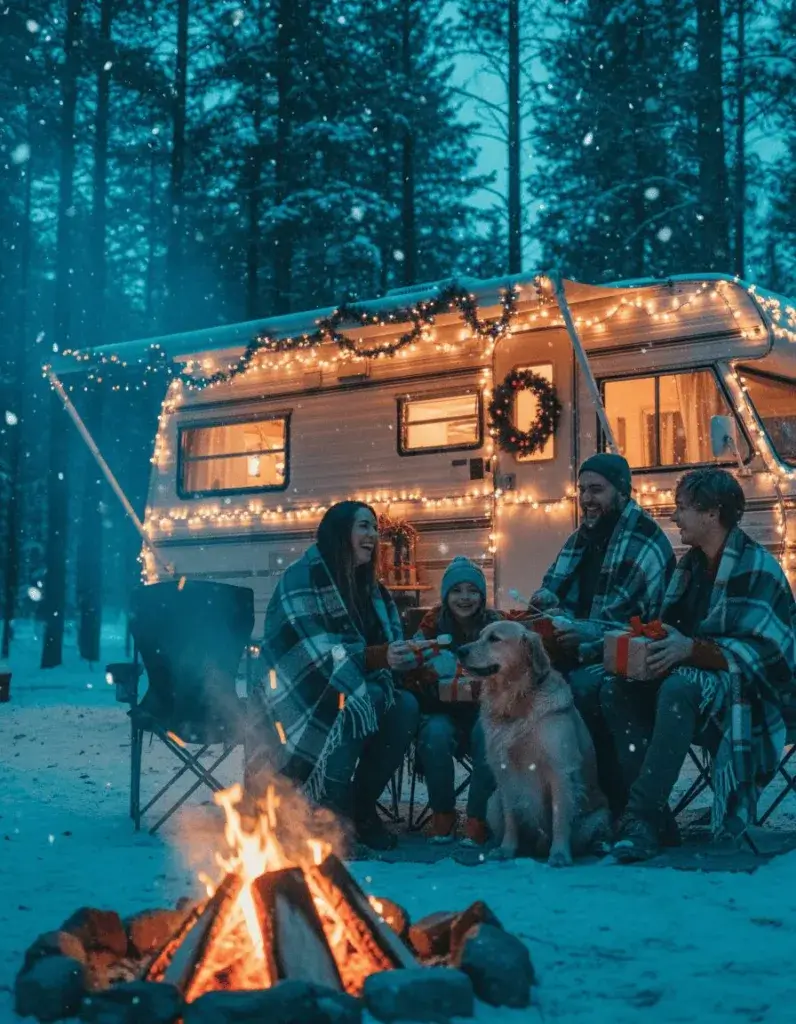 A family enjoying a snowy Christmas scene outside a decorated RV in a forest, with a campfire, holiday lights, and festive decorations.