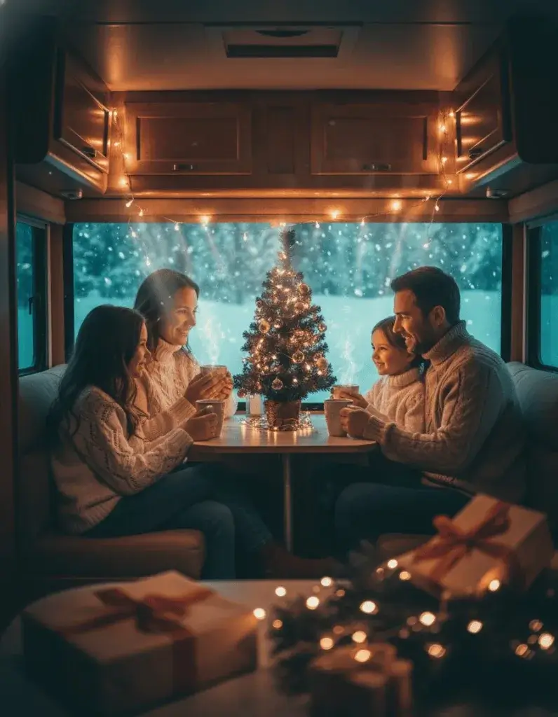 Family inside a decorated RV enjoying Christmas together with snow visible outside.