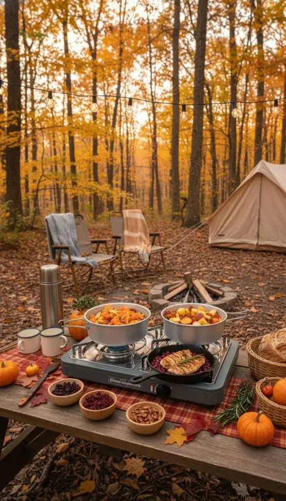 People enjoying a Thanksgiving meal outdoors at a picnic table in a forest with tents and a campfire nearby.