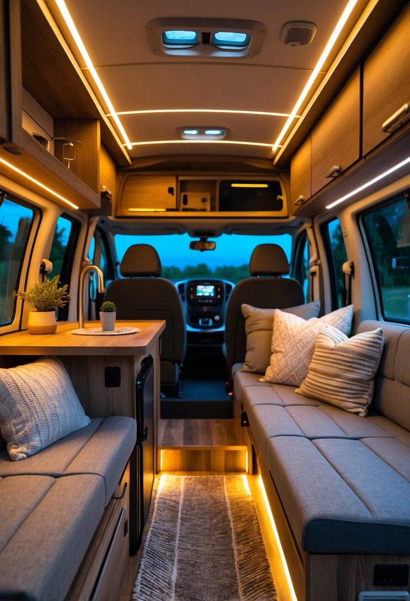 Interior of a campervan with layered LED strip lighting creating a cozy and bright atmosphere, showing a compact kitchen, dining table, and seating area.