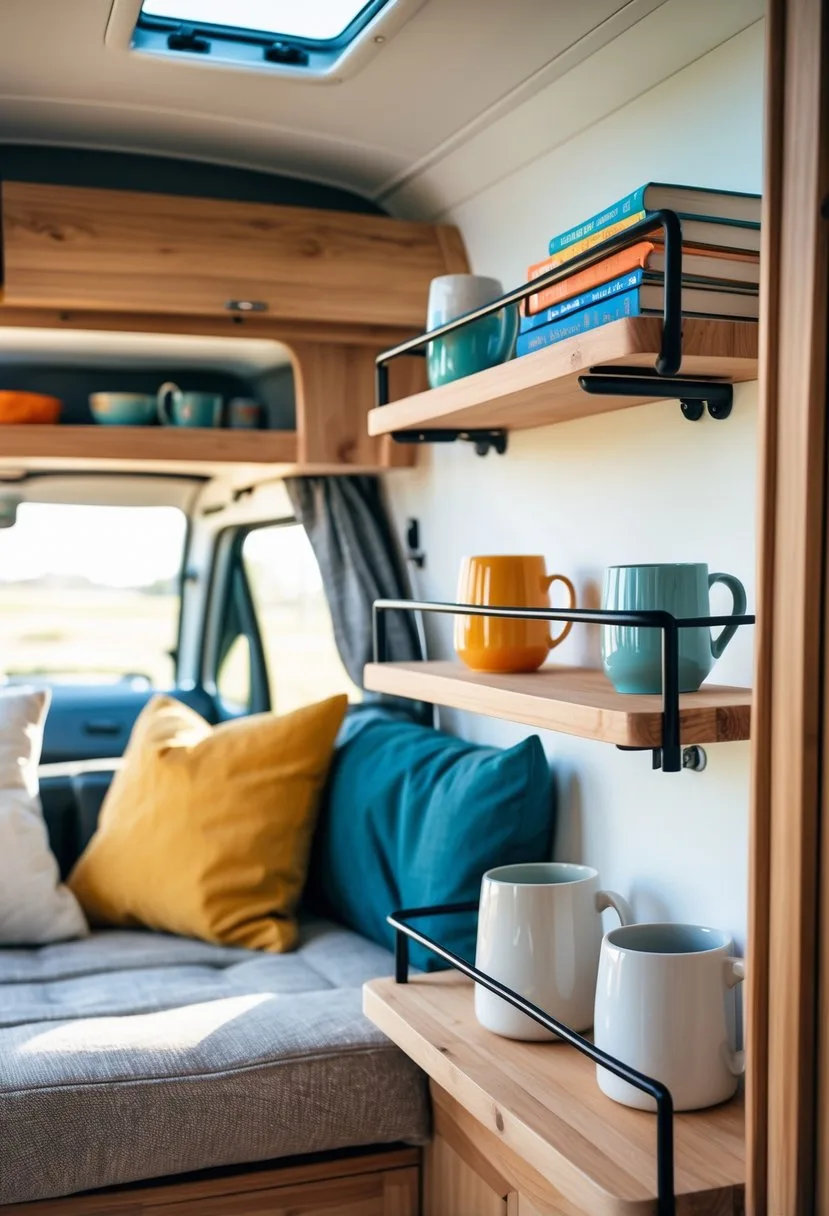 Interior of a campervan showing floating shelves with guard rails holding books and mugs securely.