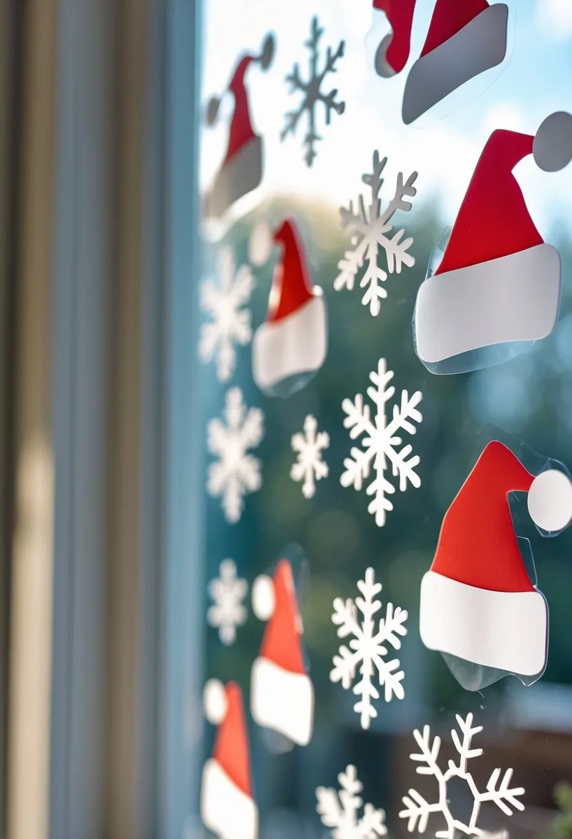 Close-up of a window decorated with removable snowflake and Santa hat window clings.