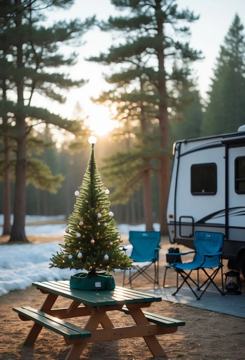 A small collapsible Christmas tree decorated with sparkling lights at a camping spot near an RV in a snowy forest.