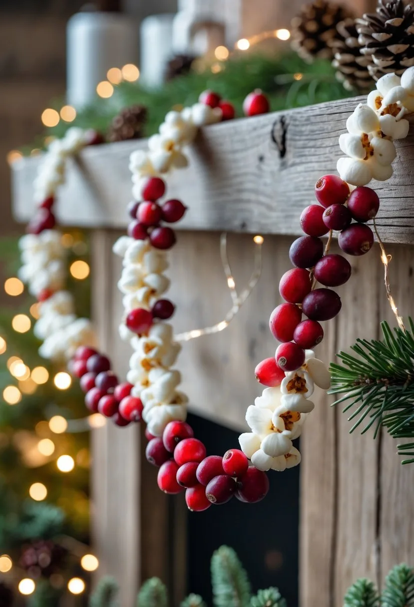 Handmade garlands made of popcorn and dried cranberries draped over a wooden mantel with pine branches and fairy lights.