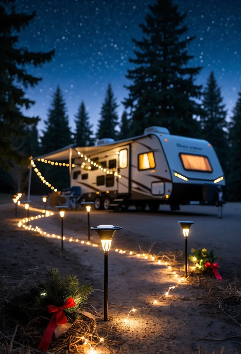 Nighttime campsite with solar-powered pathway lights glowing warmly along a dirt path leading to a parked RV surrounded by pine trees.
