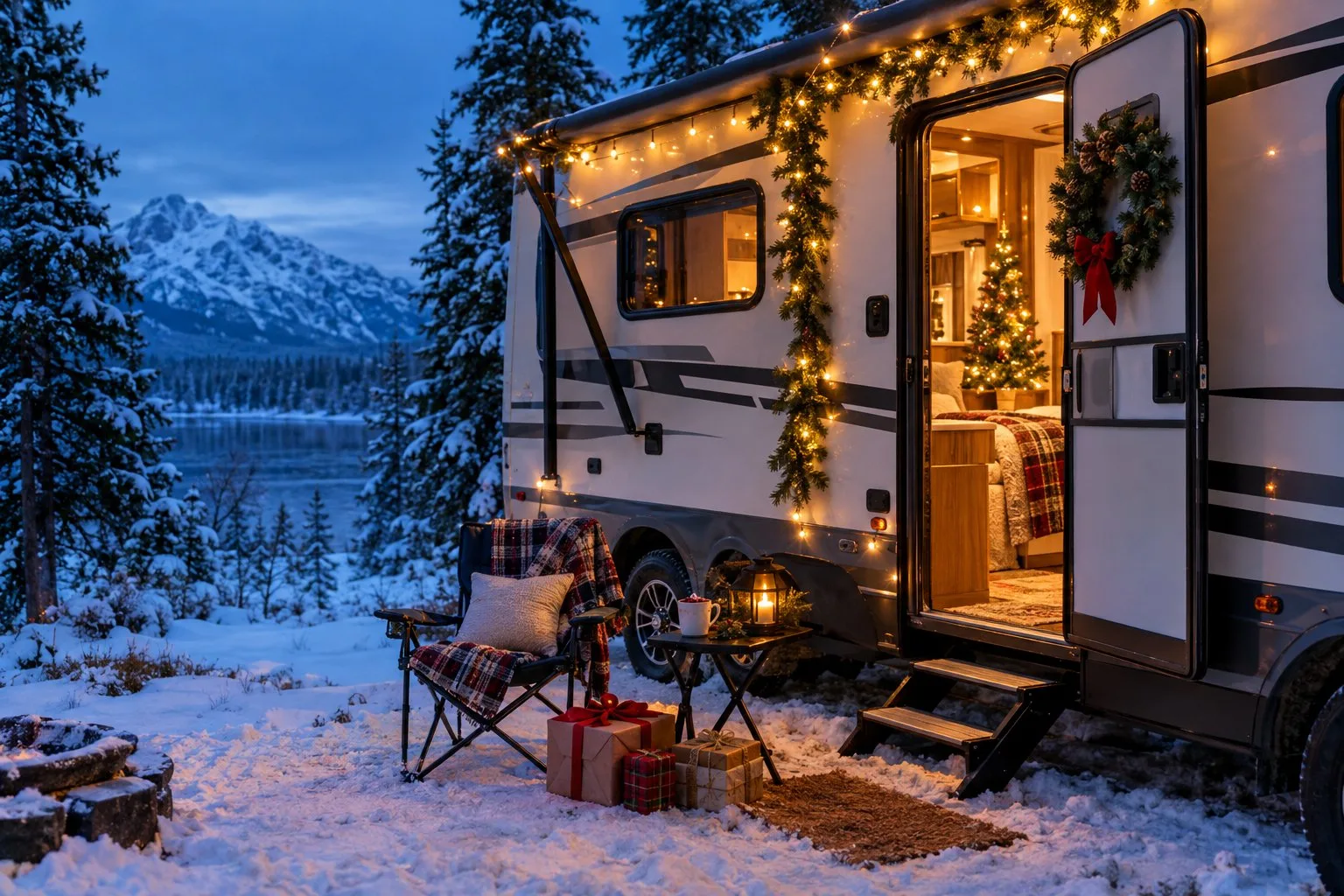 A decorated RV sits at a snowy campsite with Christmas lights and a small tree visible inside.