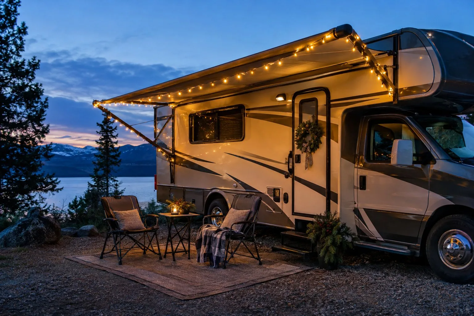 An RV with twinkling lights wrapped around its awning at a campsite.