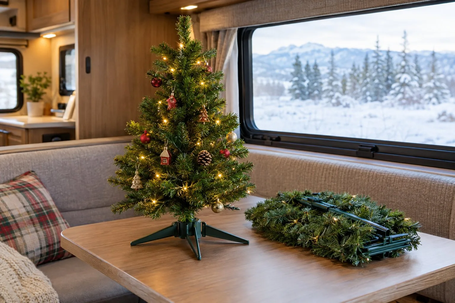A small decorated Christmas tree and a folded-flat version sit on a table inside an RV.