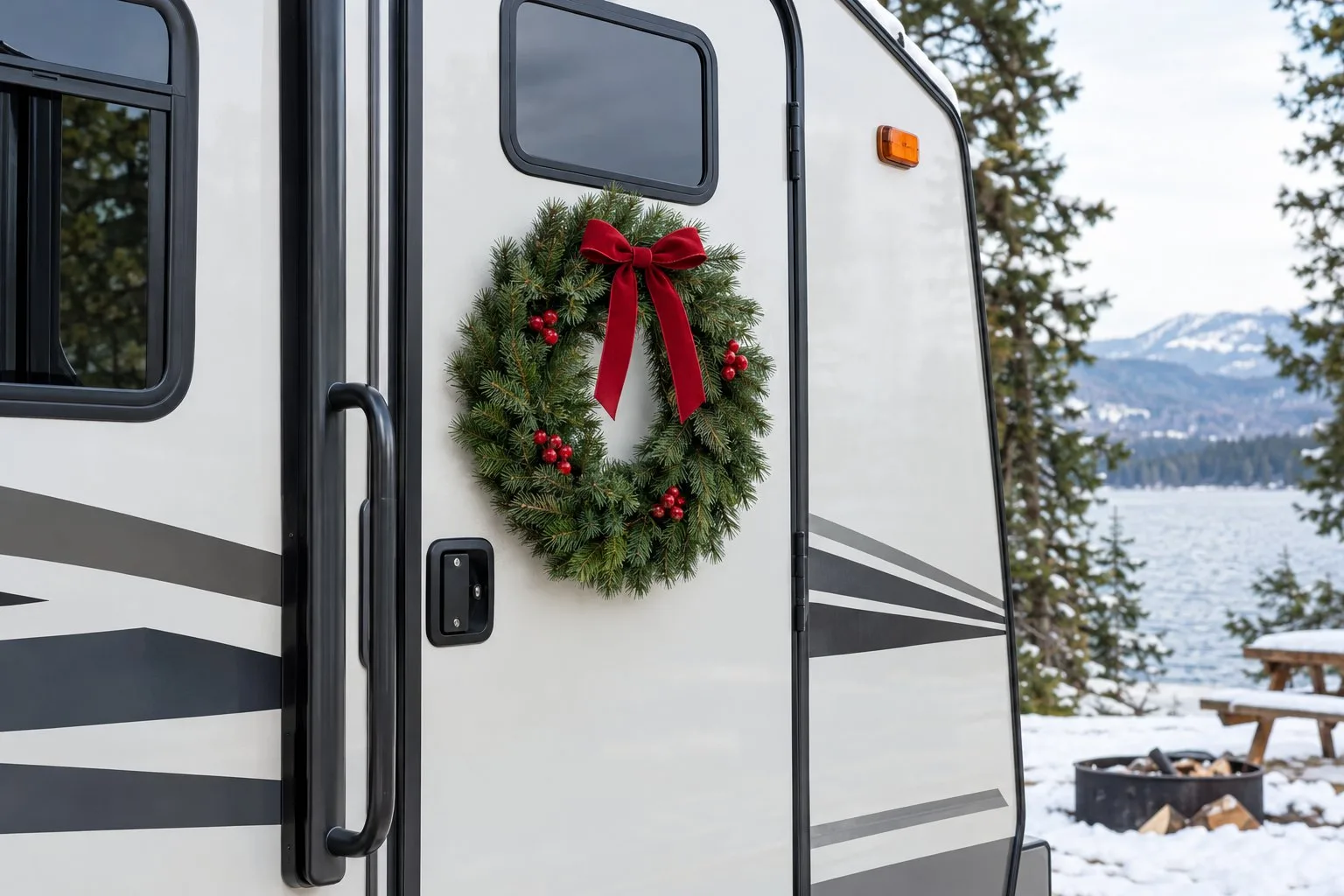 An evergreen Christmas wreath is attached to the door of an RV.