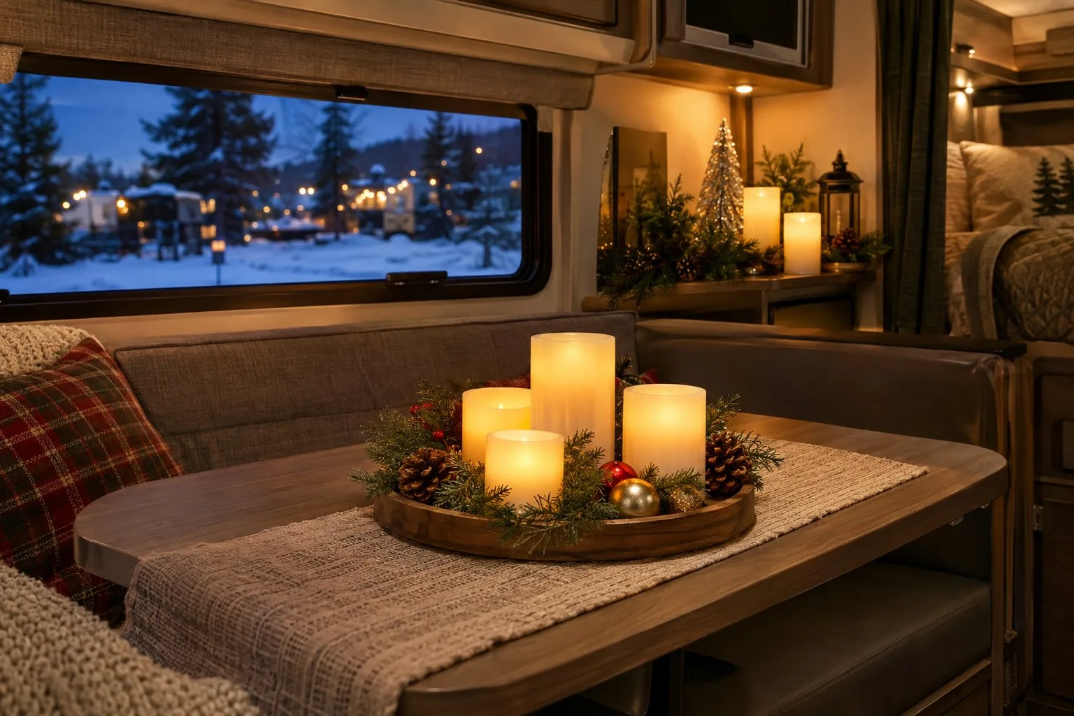Glowing flameless candles and holiday decorations inside a cozy RV.