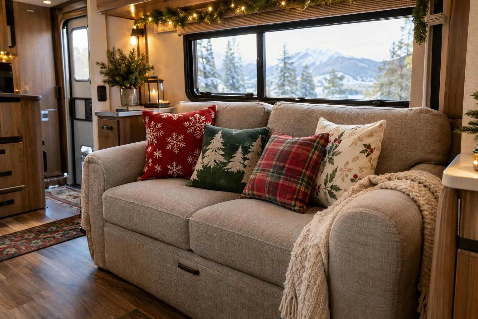 Festive Christmas throw pillows decorate a sofa inside an RV.