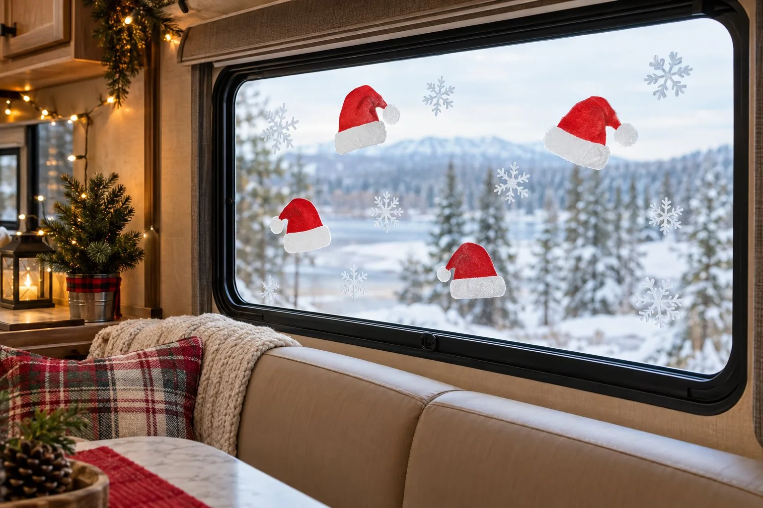 Snowflake and Santa hat clings decorate an RV window.