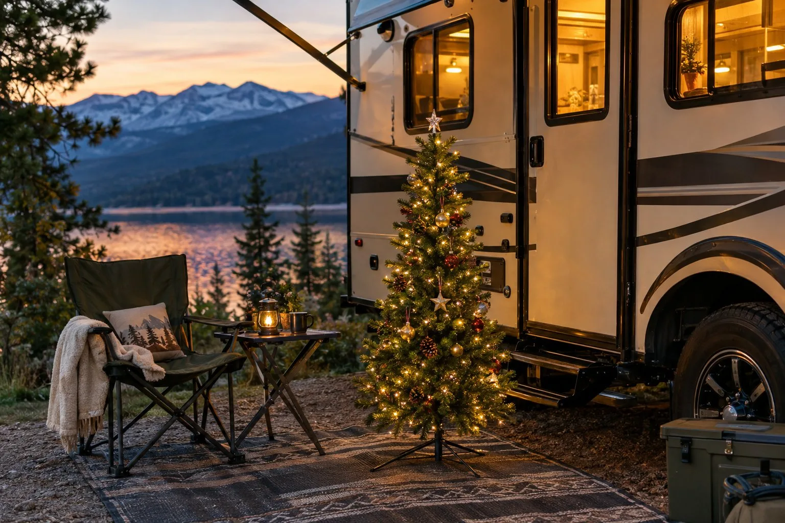 A small decorated Christmas tree beside an RV at a campsite.