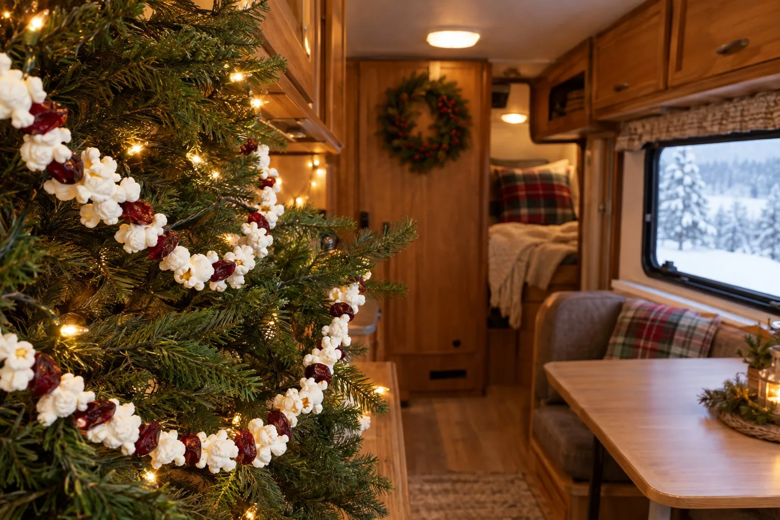 A popcorn and cranberry garland decorates a small Christmas tree inside an RV.