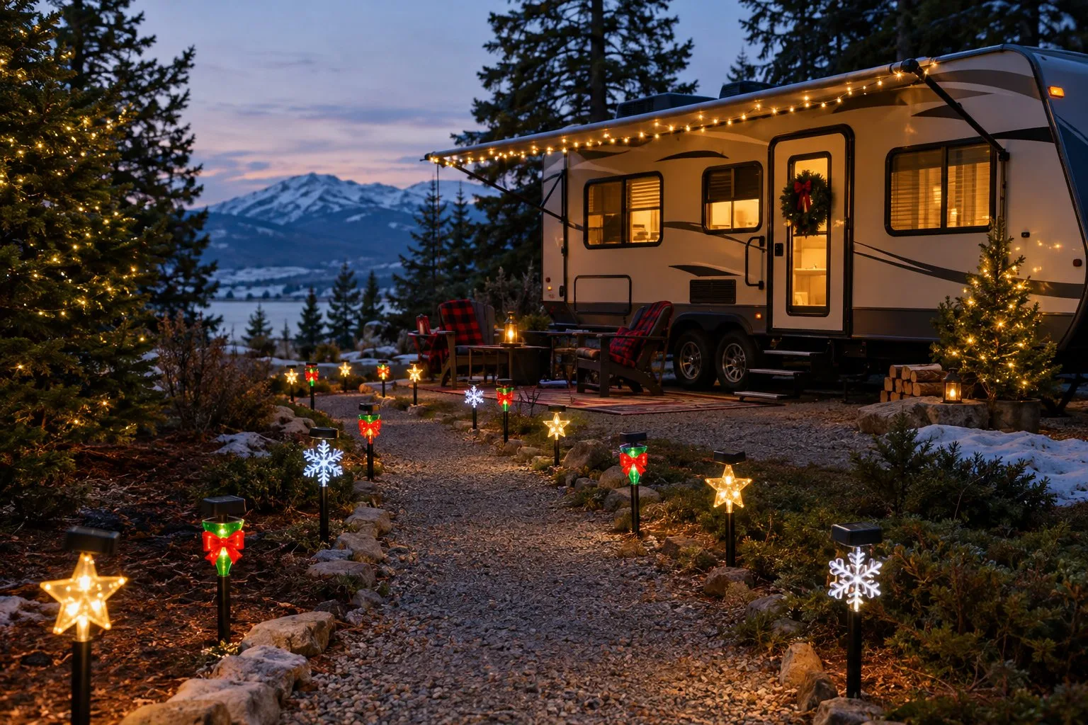 Solar-powered holiday lights mark a path to a decorated RV campsite at dusk.