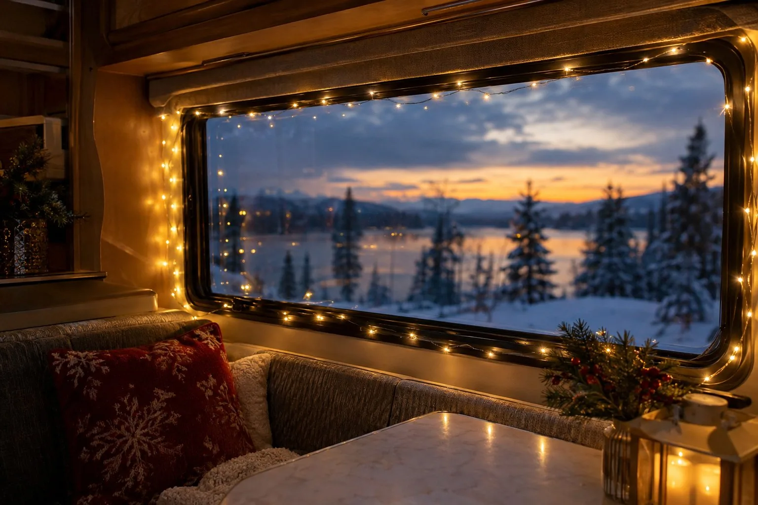 Warm fairy lights frame a window inside a decorated RV.