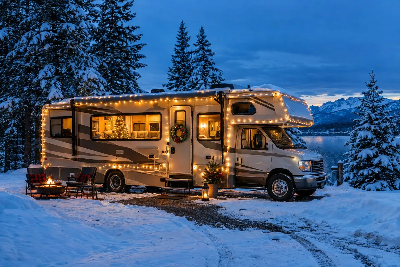 A Christmas-decorated RV sits in a snowy forest campsite with warm lights glowing.