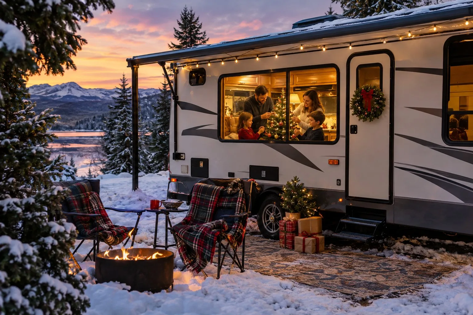 A family decorates a Christmas tree inside a parked RV at a snowy campsite.