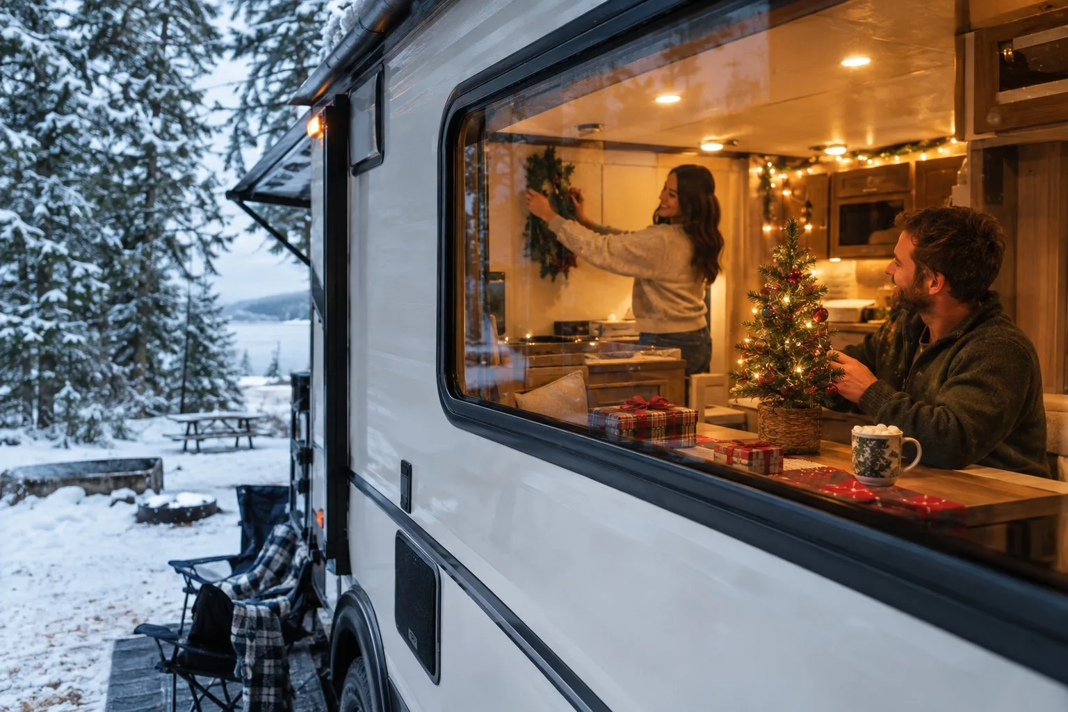 A couple decorates a cozy RV for Christmas at a snowy campsite.